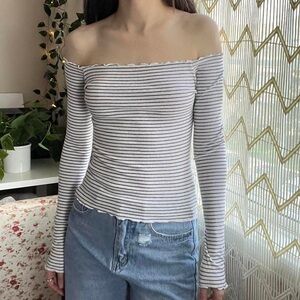 Hollister Black White Stripe Ribbed Off The Shoulder Long Sleeve Shirt